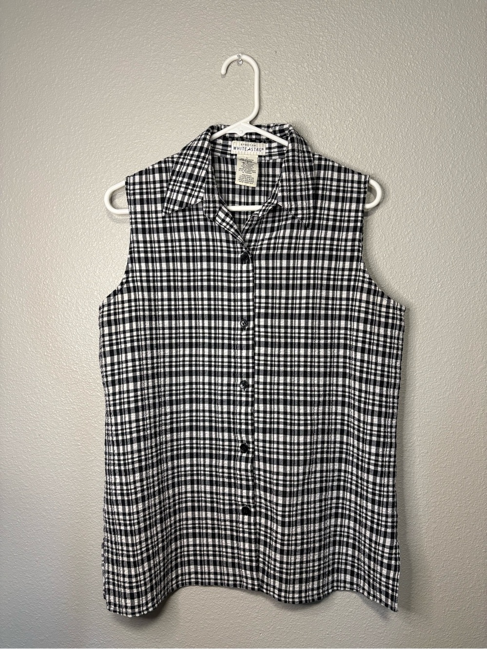 Vintage White Stag Black Plaid Sleeveless Button Up Top Women’s Large Y2K